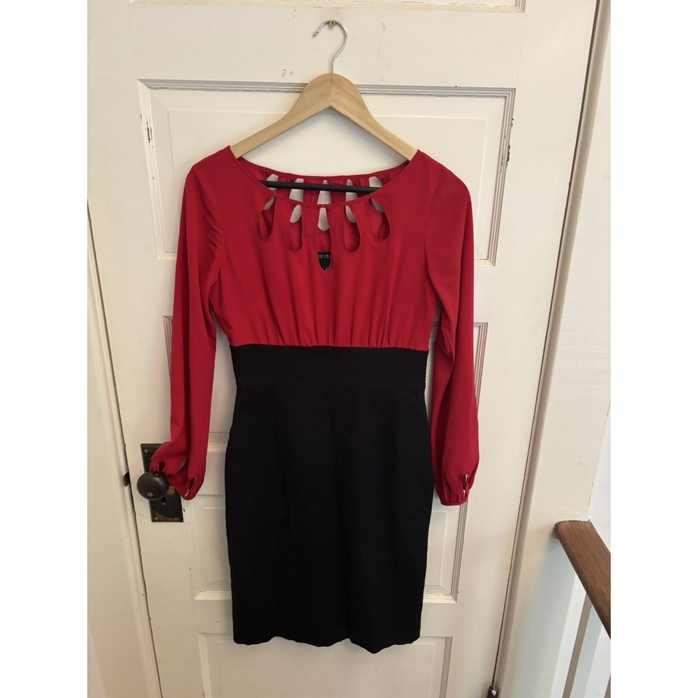 White House Black Market Women's Red Black Long Sleeve Eyelet Pencil Dress 2